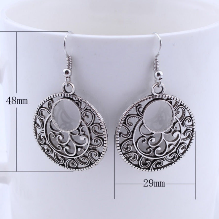 Bohemian Tibetan Silver Round Carved Drop Earrings