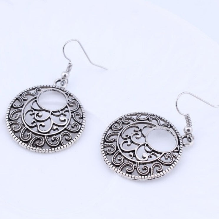 Bohemian Tibetan Silver Round Carved Drop Earrings