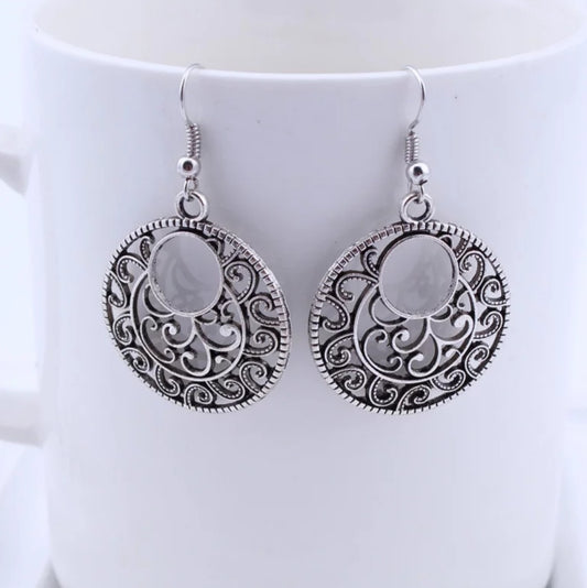 Bohemian Tibetan Silver Round Carved Drop Earrings