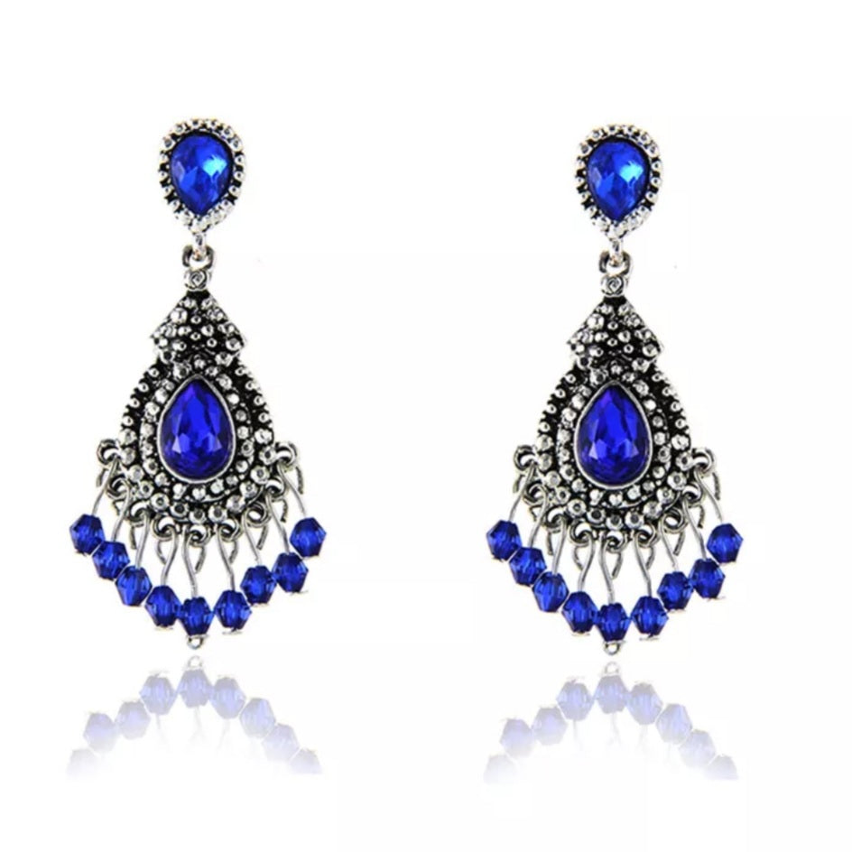 Vintage Blue Crystal Tassel Drop Earrings