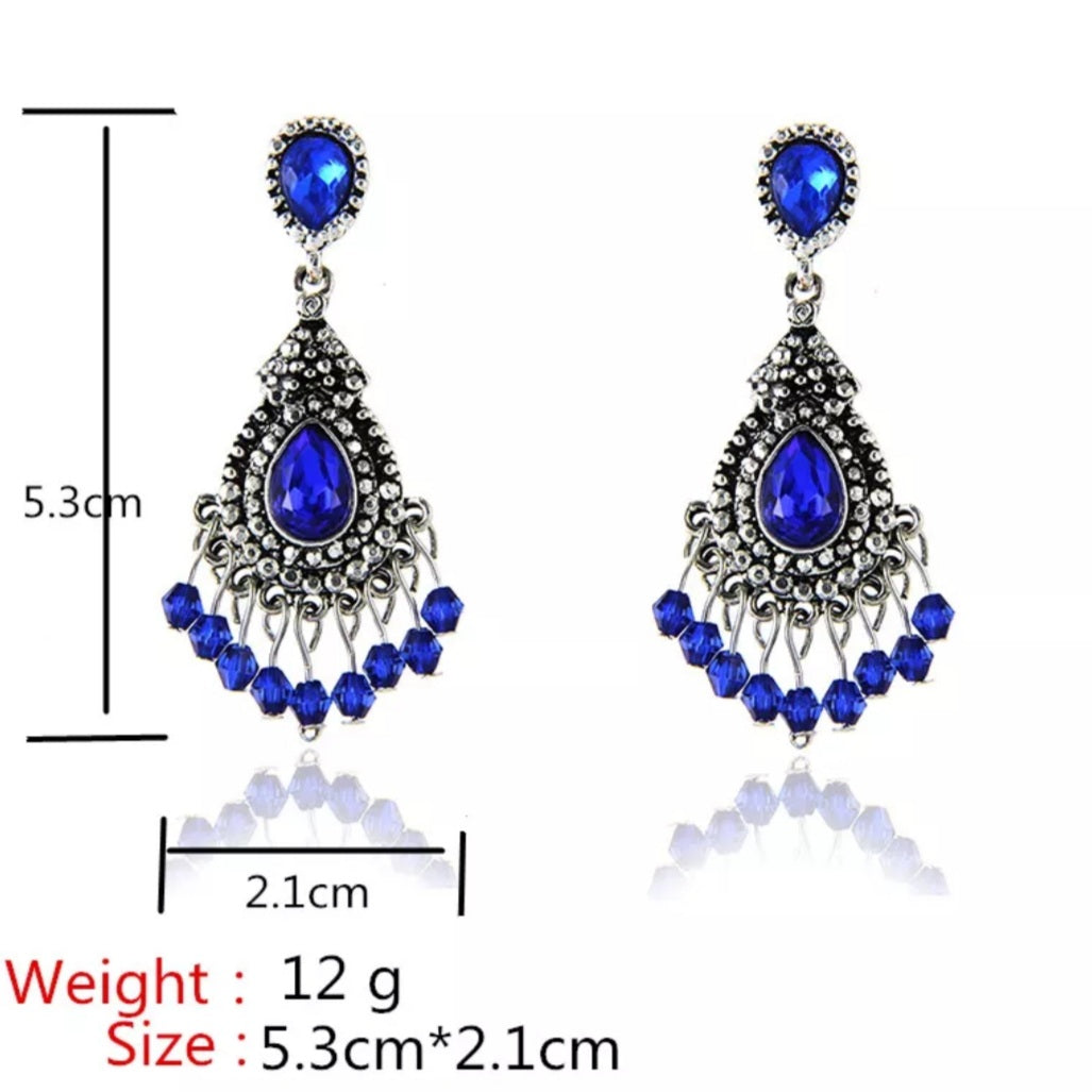 Vintage Blue Crystal Tassel Drop Earrings