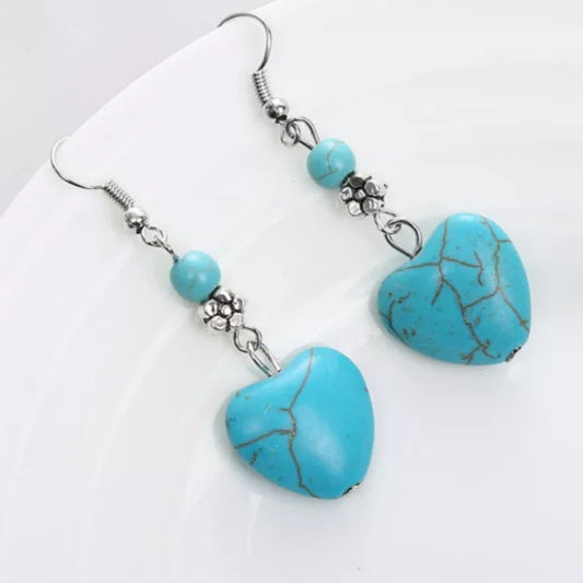 Bohemian Silver Natural Heart Stone Earrings