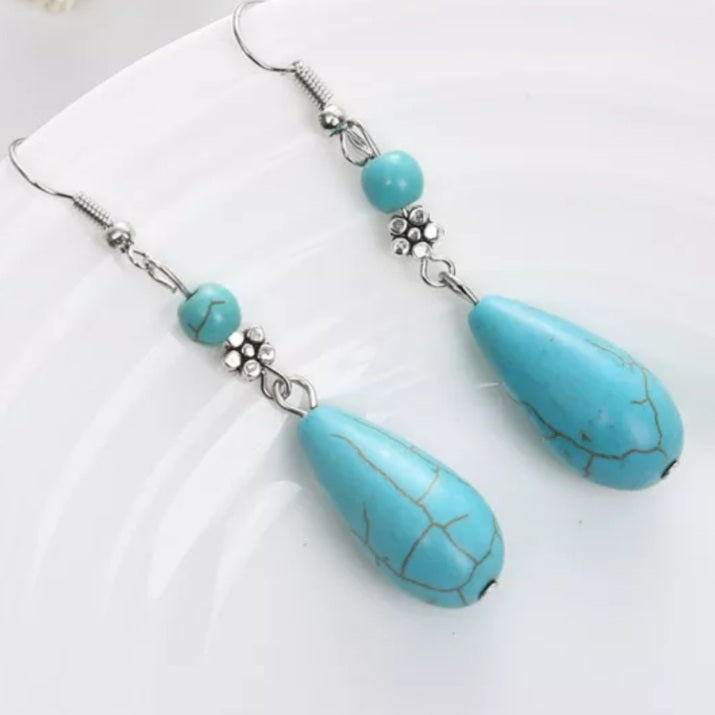 Bohemian Silver Natural Stone Water Droplet Earrings