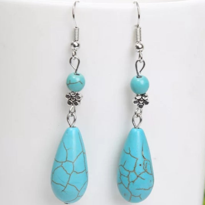 Bohemian Silver Natural Stone Water Droplet Earrings