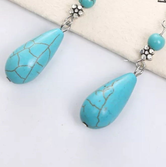 Bohemian Silver Natural Stone Water Droplet Earrings