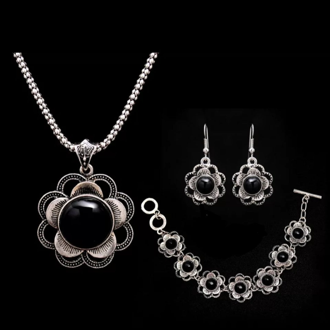 3 PCS Tibetan Silver Flower Jewellery Set