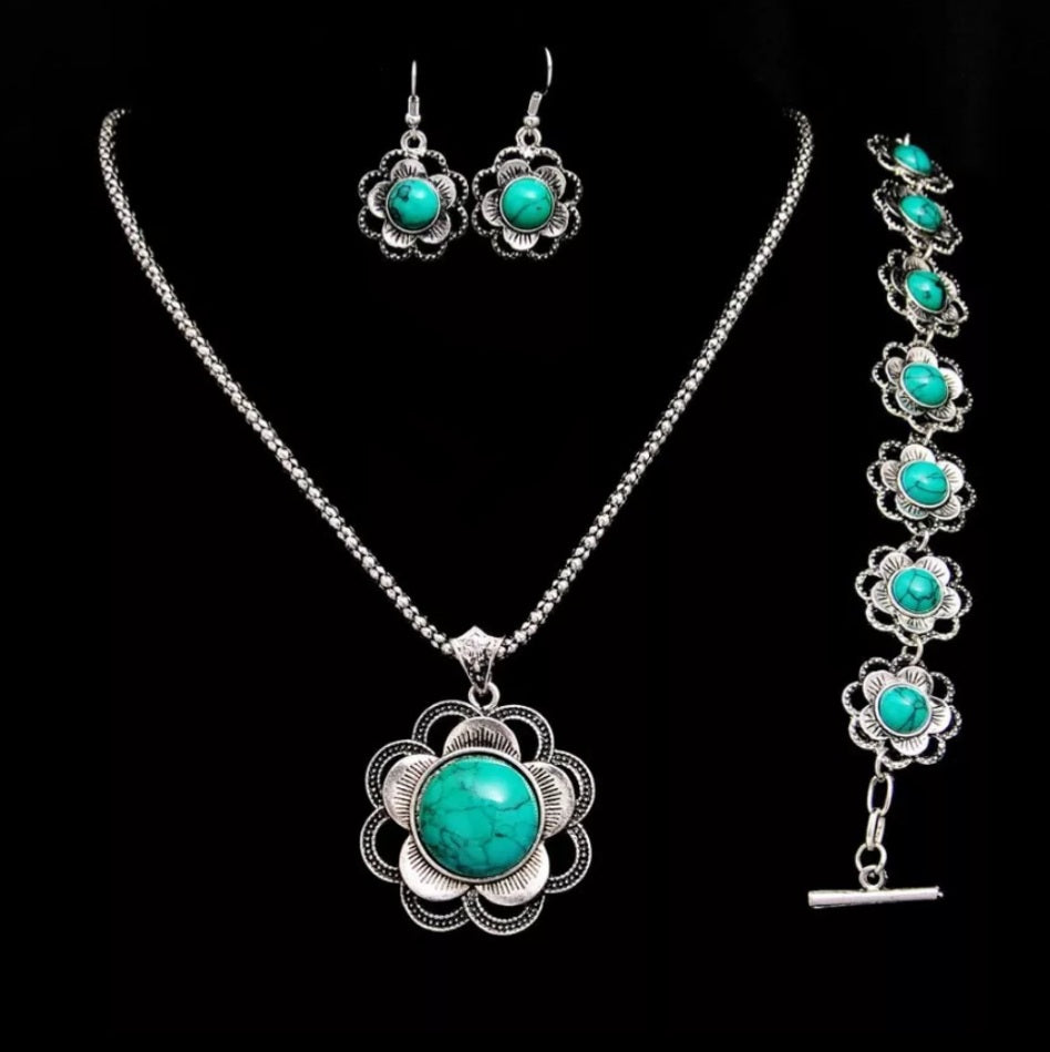 3 PCS Tibetan Silver Flower Jewellery Set