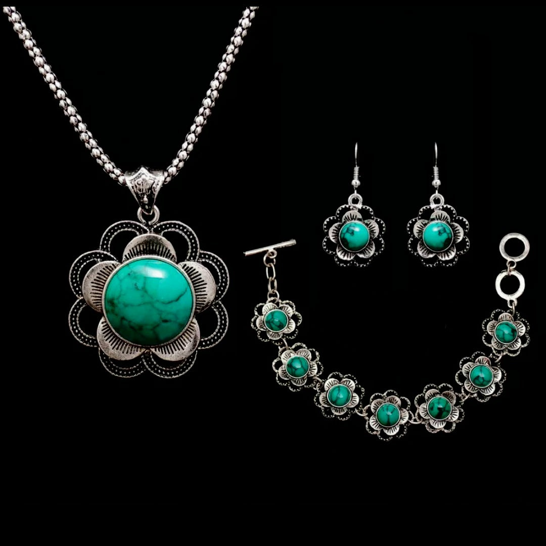 3 PCS Tibetan Silver Flower Jewellery Set