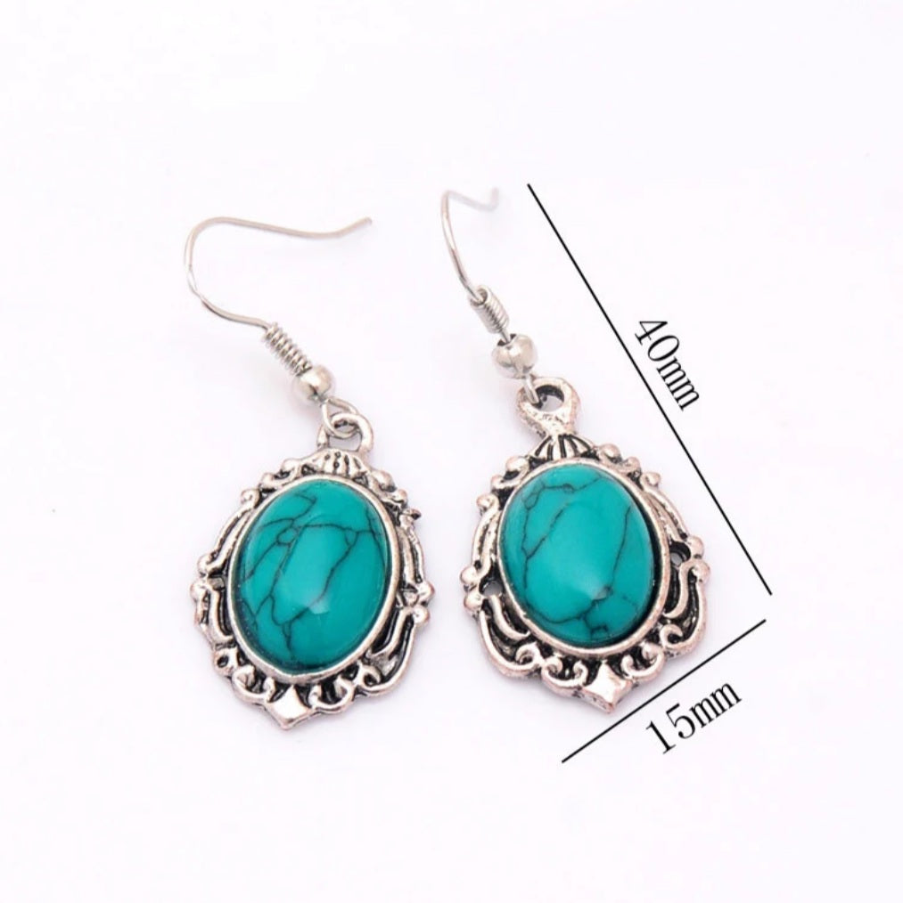 Tibetan Silver Turquoise Stone Earrings Necklace Bracelet Set