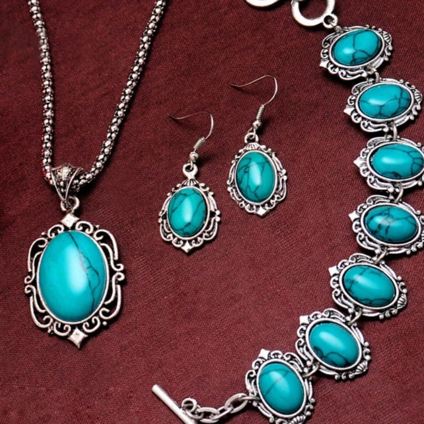 Tibetan Silver Turquoise Stone Earrings Necklace Bracelet Set