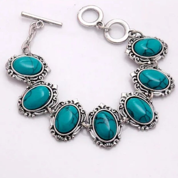 Tibetan Silver Turquoise Stone Earrings Necklace Bracelet Set