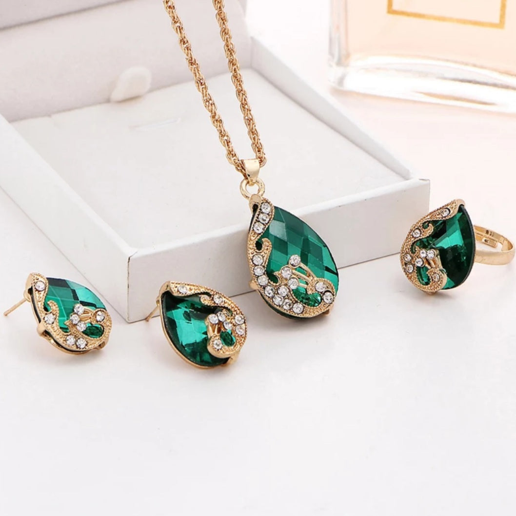 Peacock Rhinestone Waterdrop Earring Necklace Ring Set