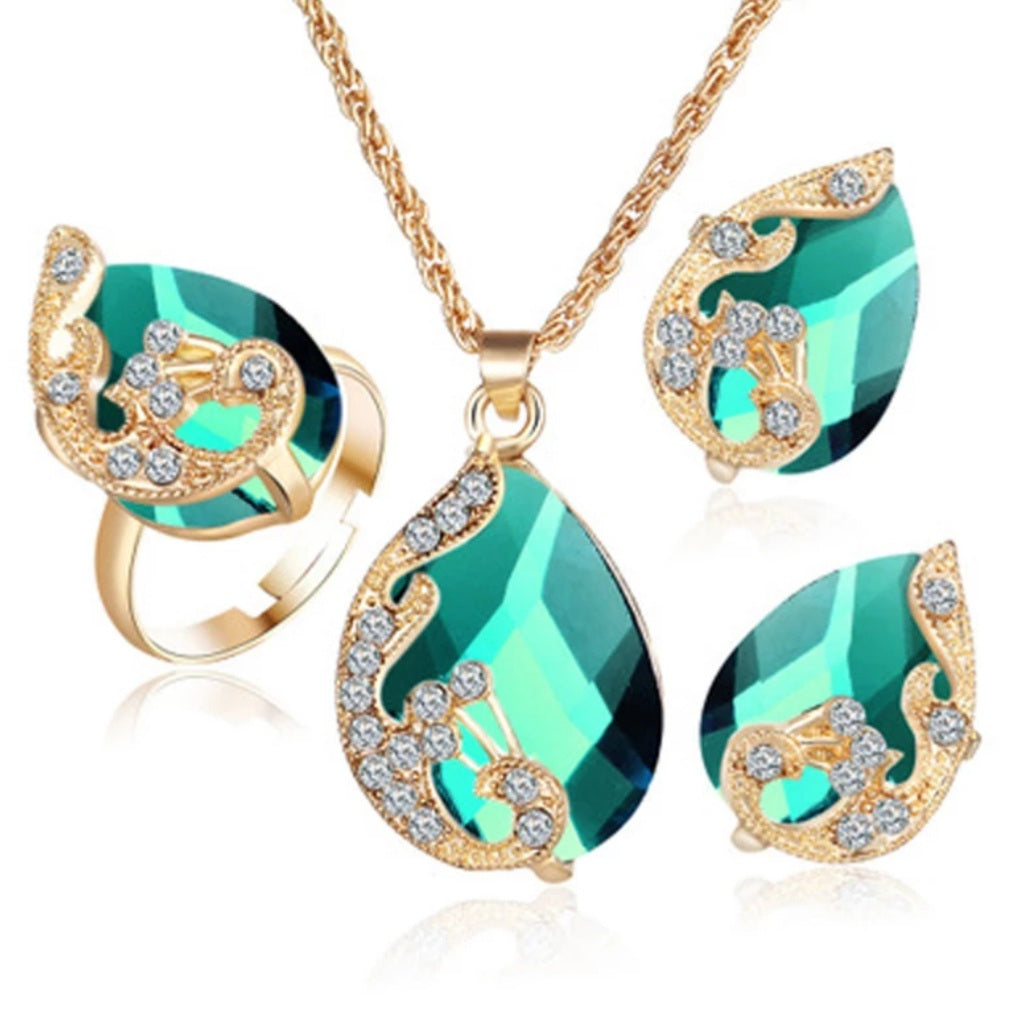 Peacock Rhinestone Waterdrop Earring Necklace Ring Set