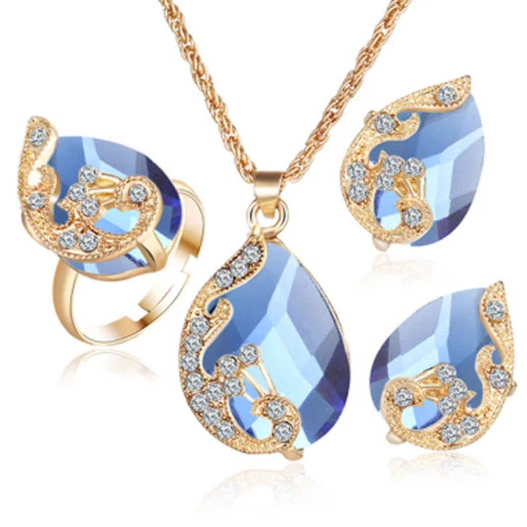 Peacock Rhinestone Waterdrop Earring Necklace Ring Set