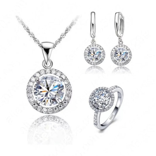 925 Sterling Silver Round Zircon Earring Necklace Ring Set