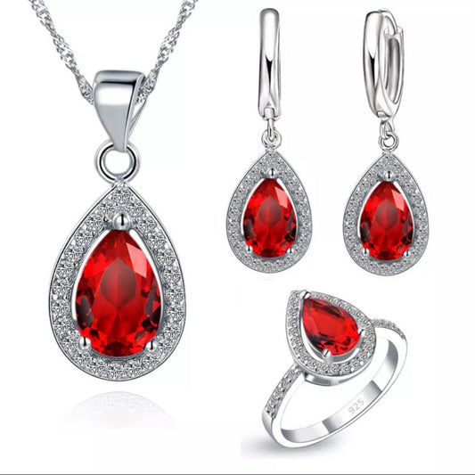 925 Sterling Silver Zircon Water Drop Earring Necklace Ring Set