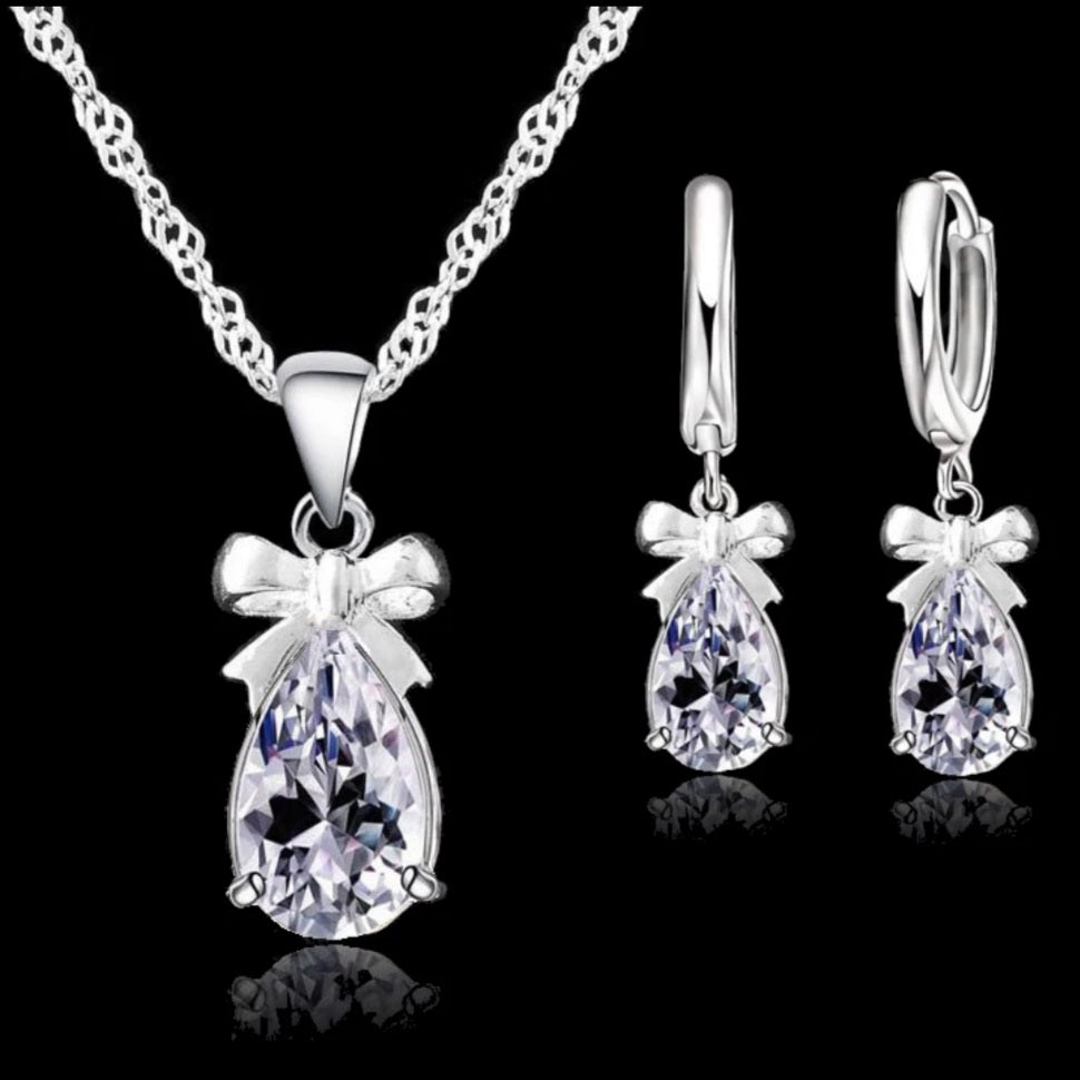 925 Sterling Silver Bowknot Earring Necklace Set