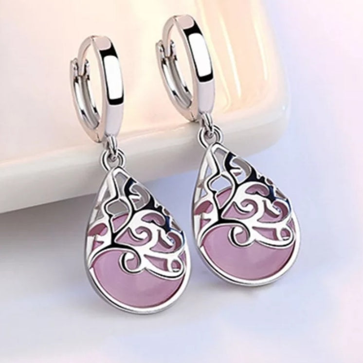 925 Sterling Silver Opal Hollow Carving Earring Necklace Set