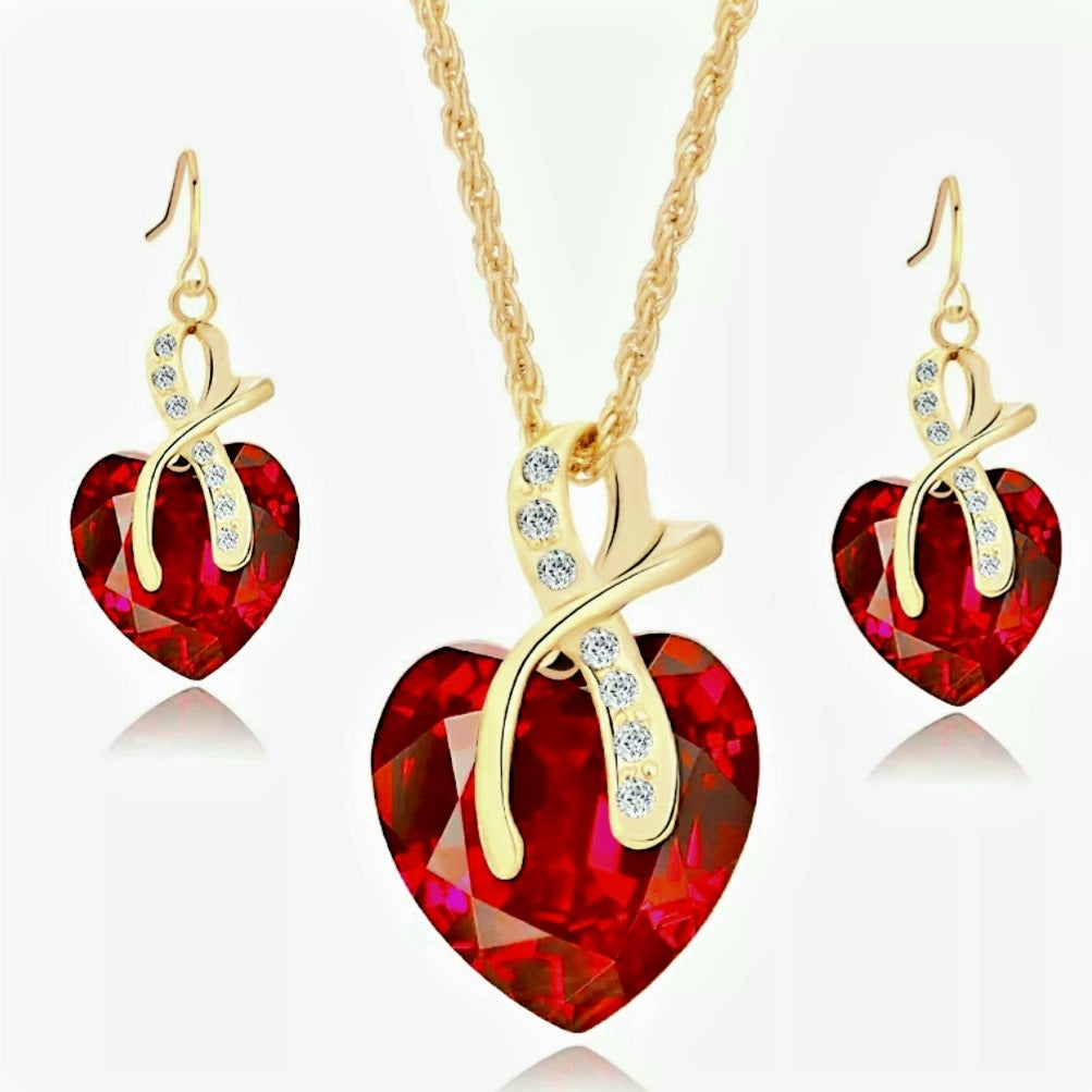 Gold Crystal Heart Earring Necklace Set