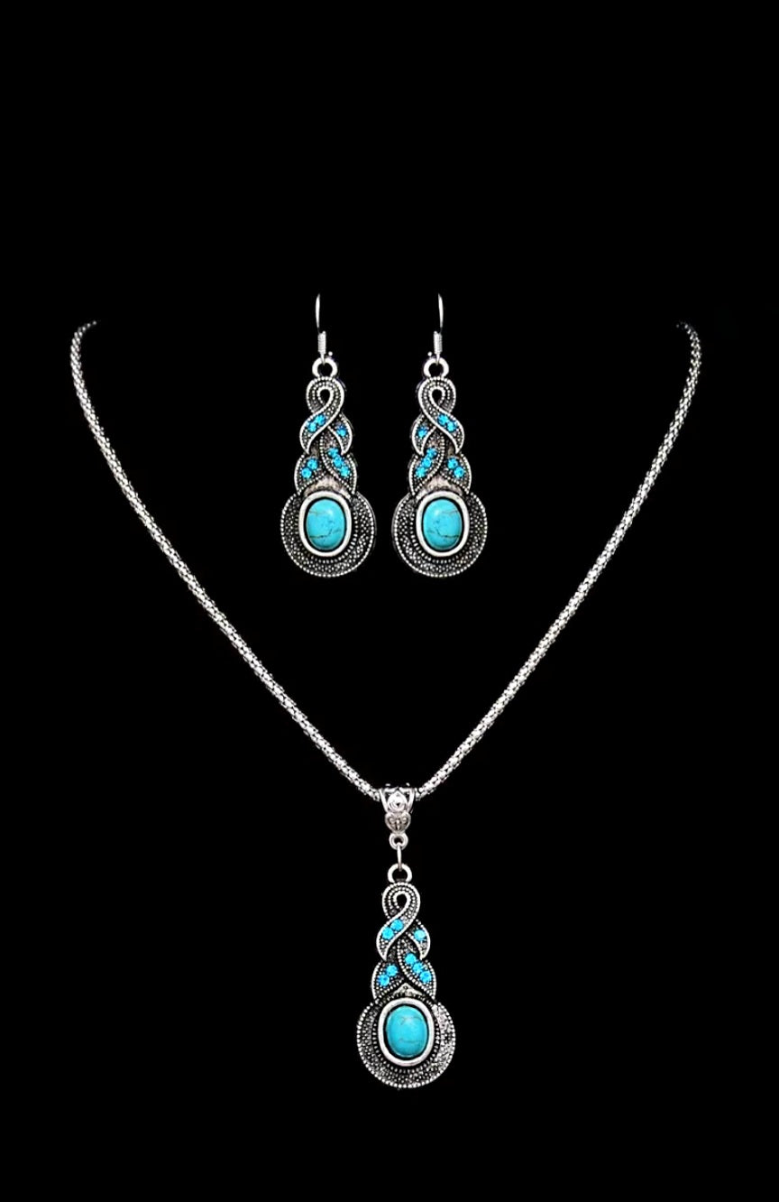 Tibetan Silver Turquoise Oval Stone Earring Necklace Set