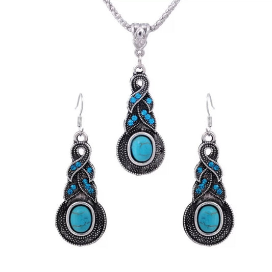 Tibetan Silver Turquoise Oval Stone Earring Necklace Set