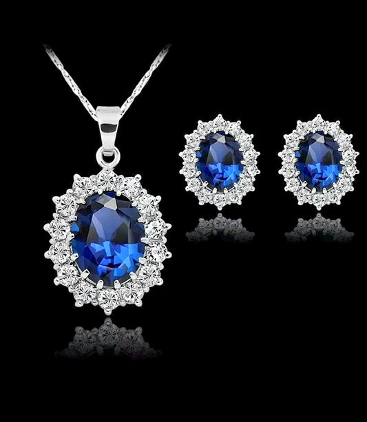 Silver Royal Blue Crystal Earring & Necklace set