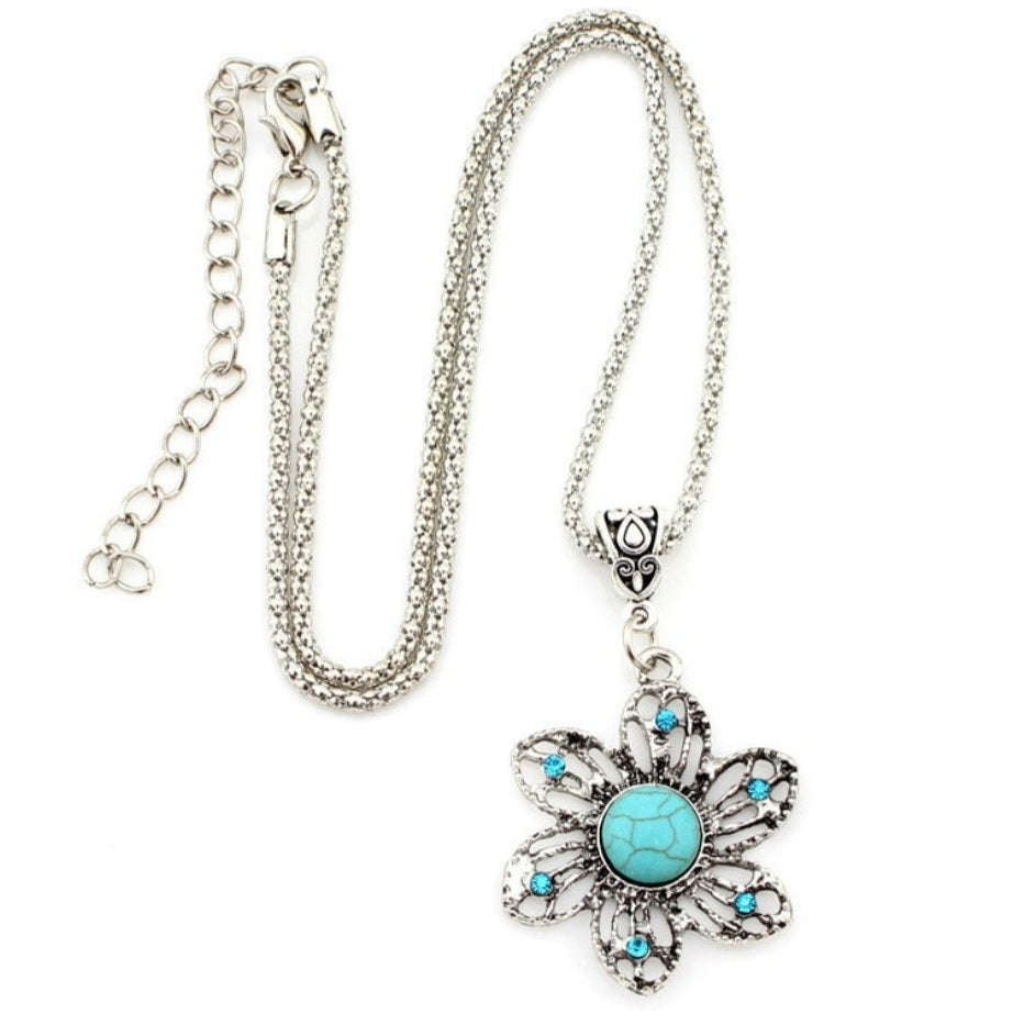 Tibetan Silver Blue Stone Hollow Flower Earring Necklace Set