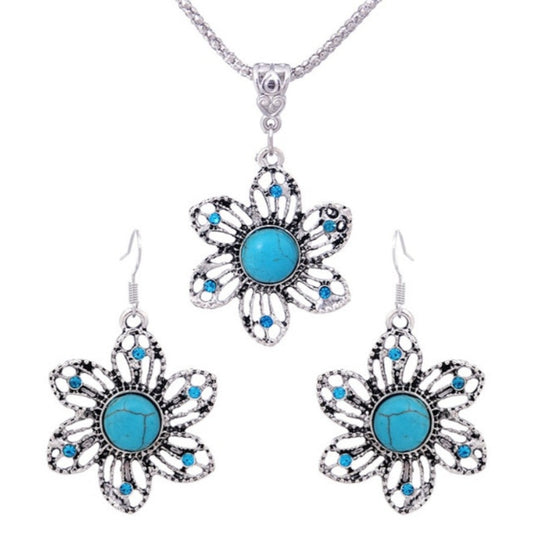 Tibetan Silver Blue Stone Hollow Flower Earring Necklace Set