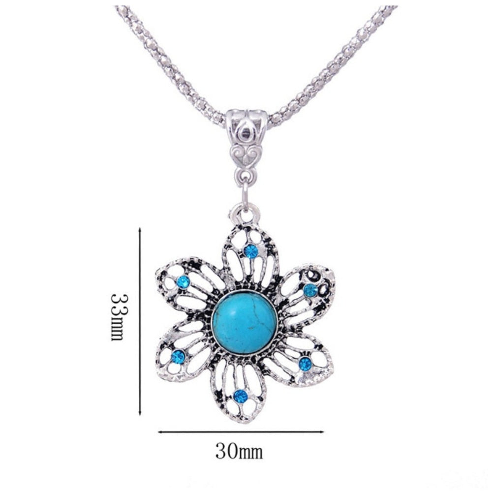 Tibetan Silver Blue Stone Hollow Flower Earring Necklace Set