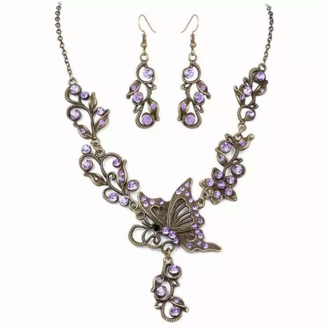 Antique Bronze Butterfly Earrings Necklace Set