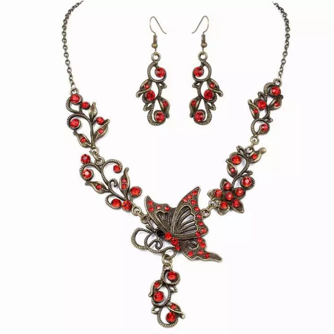 Antique Bronze Butterfly Earrings Necklace Set