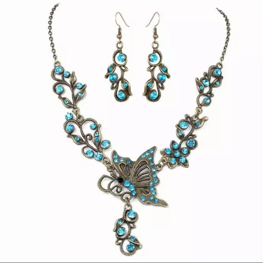 Antique Bronze Butterfly Earrings Necklace Set