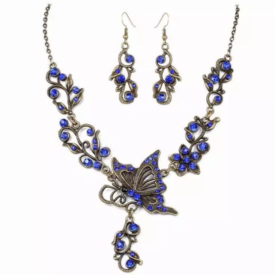 Antique Bronze Butterfly Earrings Necklace Set