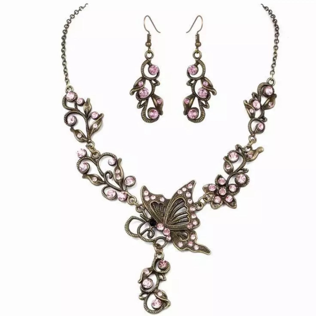 Antique Bronze Butterfly Earrings Necklace Set