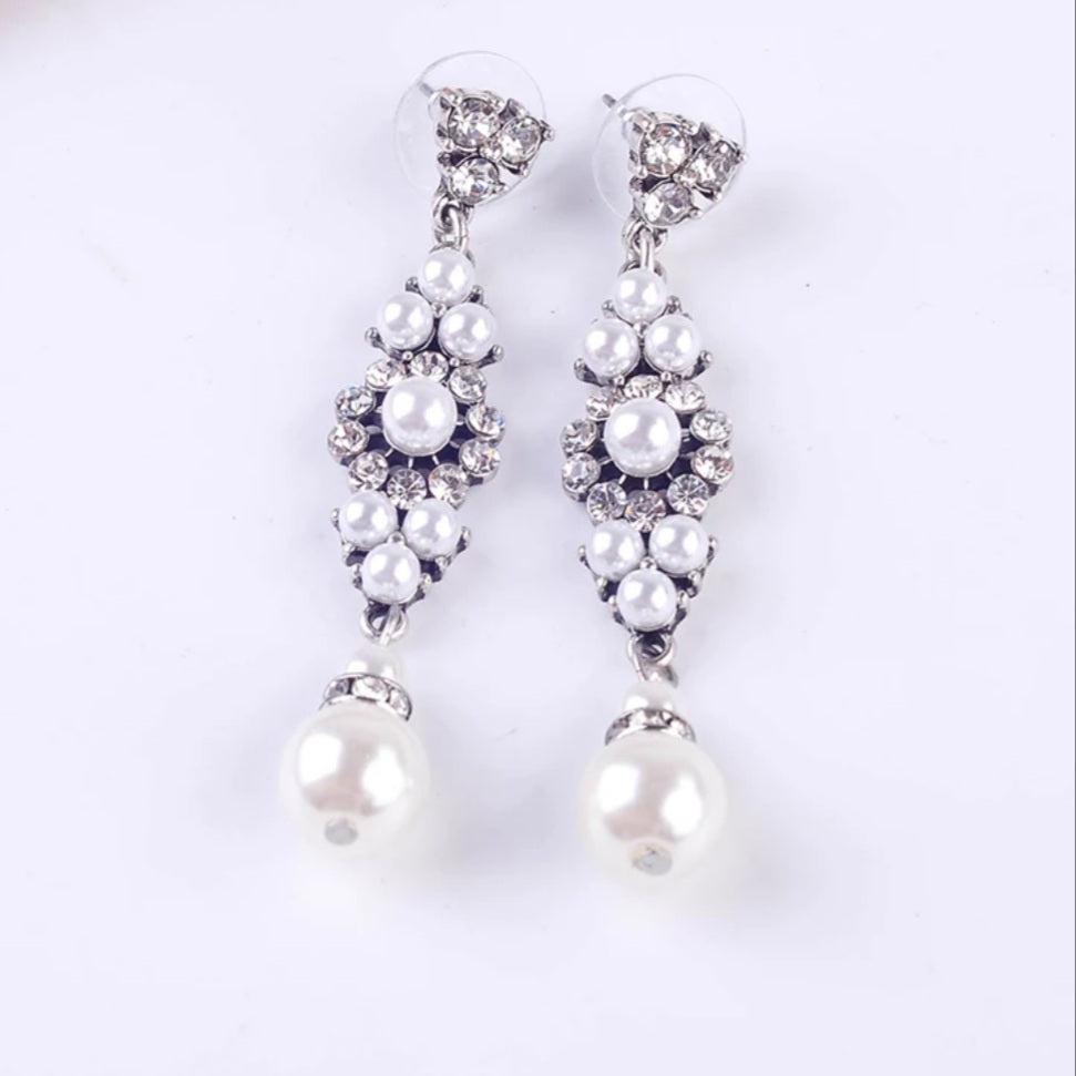 Silver Crystal Pearl Drop Earrings