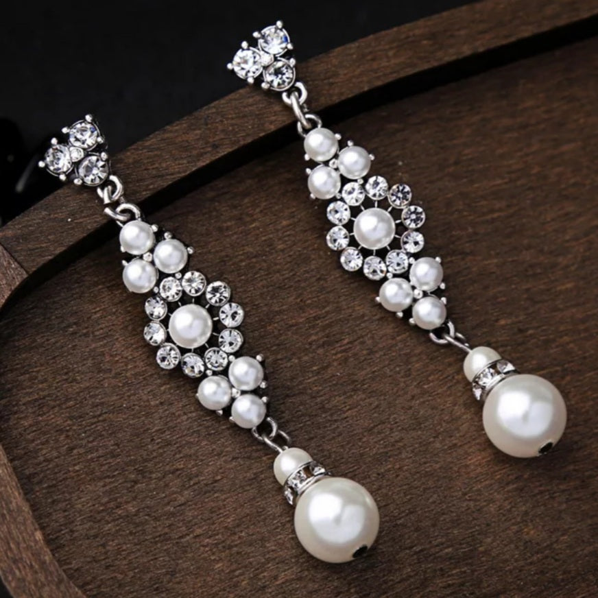 Silver Crystal Pearl Drop Earrings