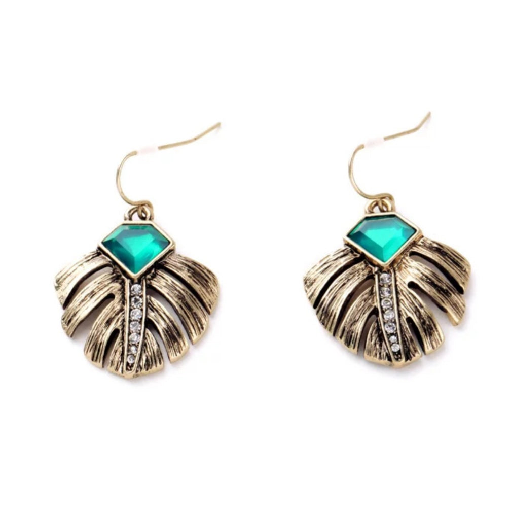 Antique Gold Classic Green Crystal Leaf Earrings