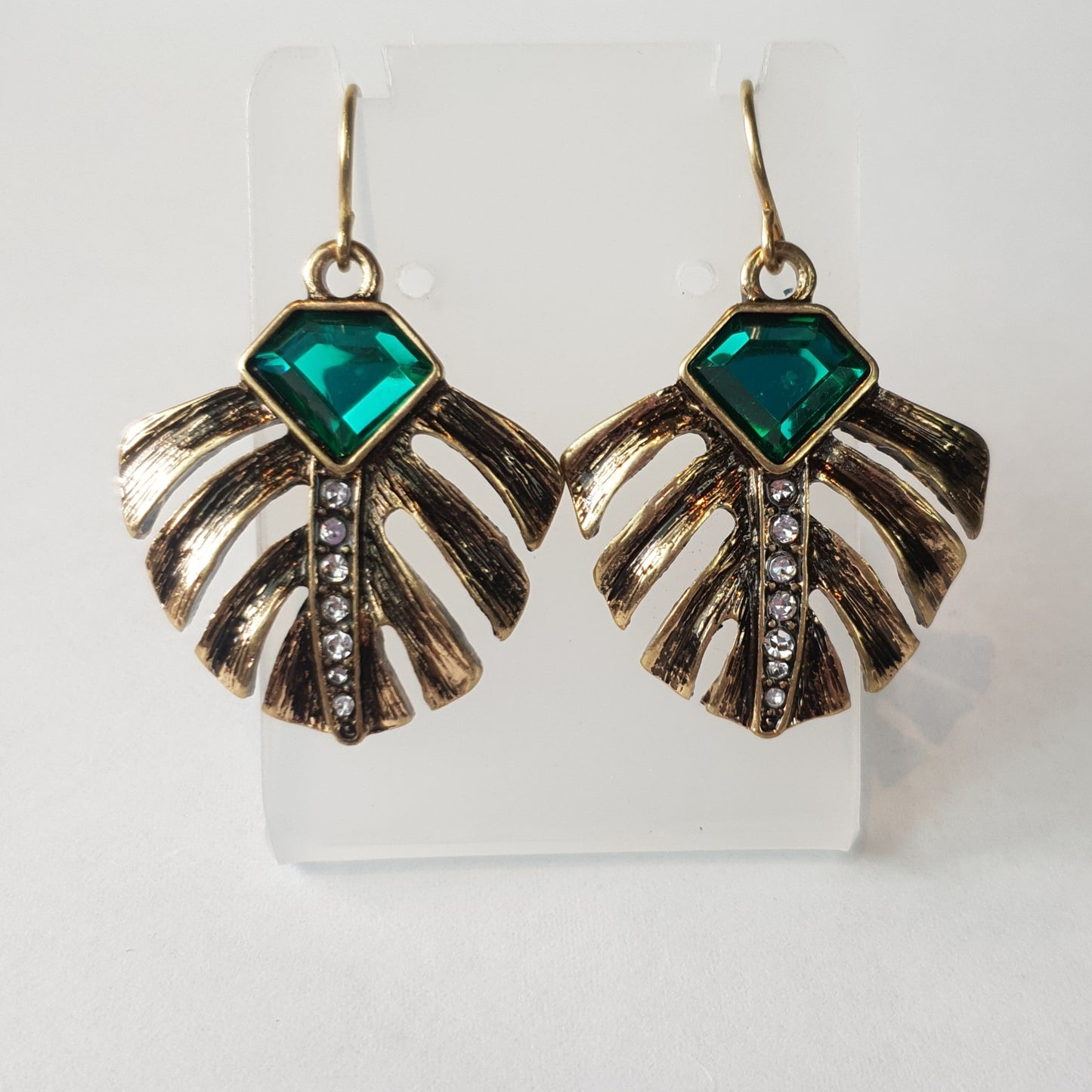 Antique Gold Classic Green Crystal Leaf Earrings