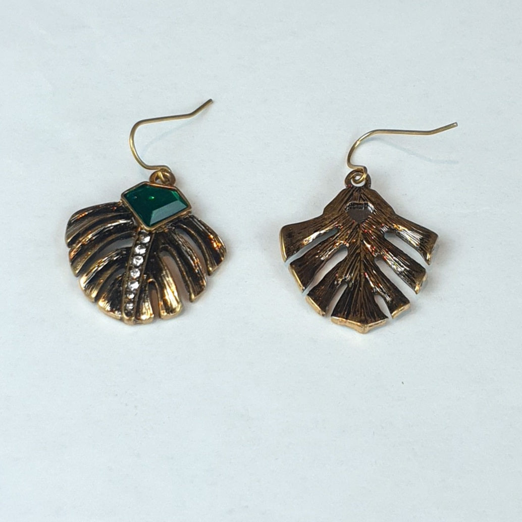 Antique Gold Classic Green Crystal Leaf Earrings