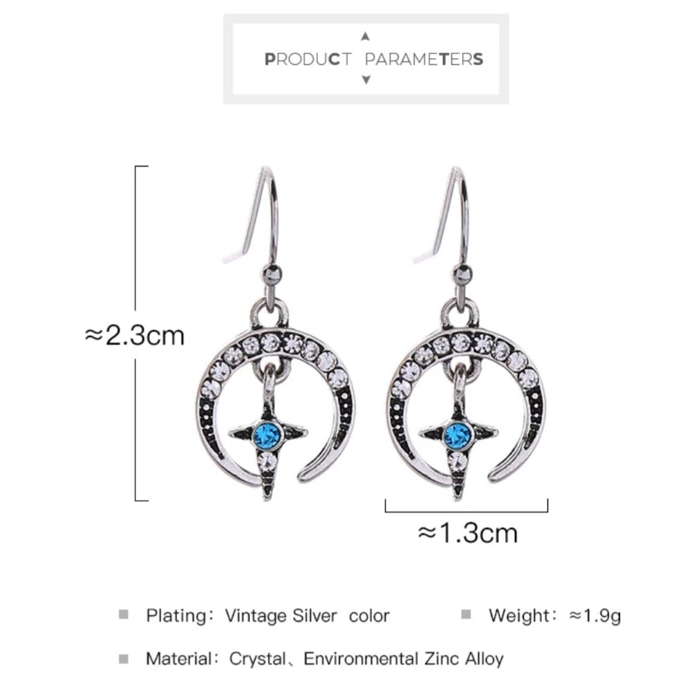 Vintage Silver Crystal Moon Star Dainty Drop Earrings