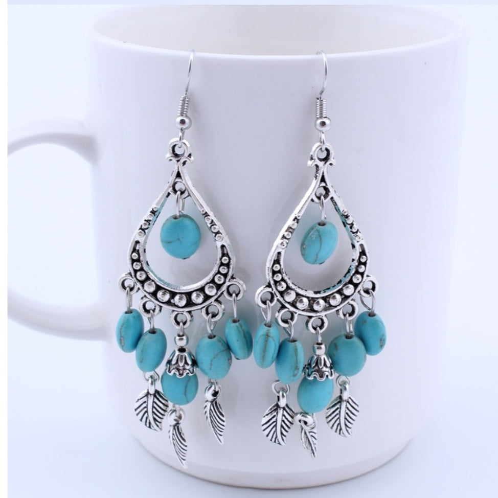 Antique Silver Turquoise Stone Tassel Leaves Dangle Earrings