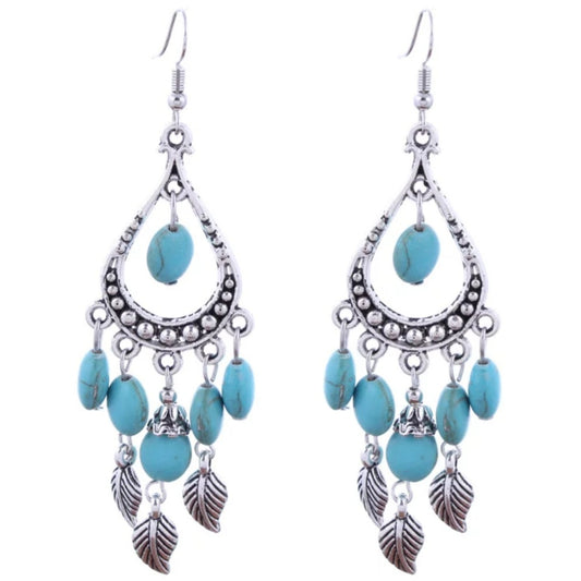 Antique Silver Turquoise Stone Tassel Leaves Dangle Earrings