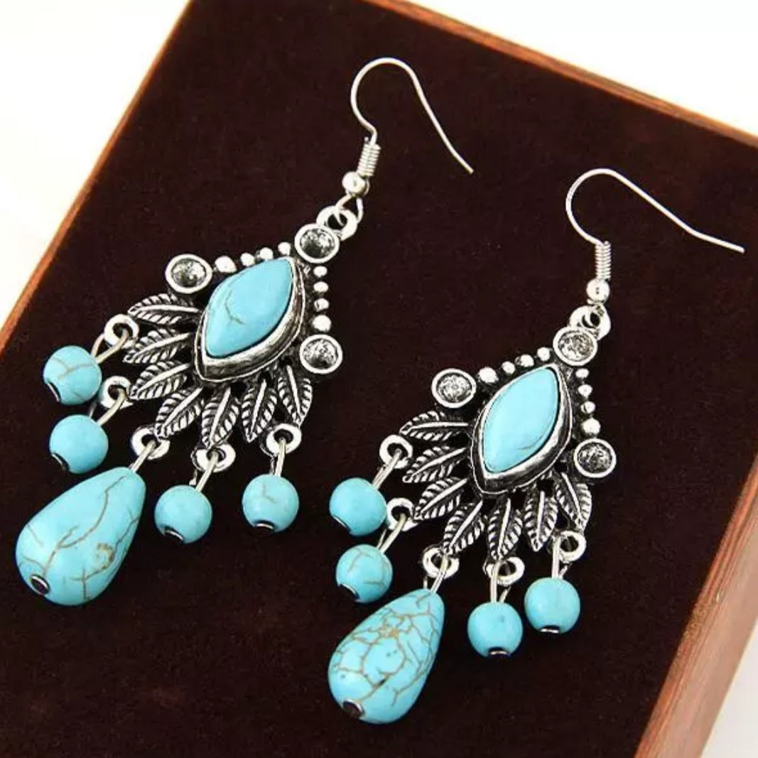 Bohemian Silver Turquoise Tassel Earrings