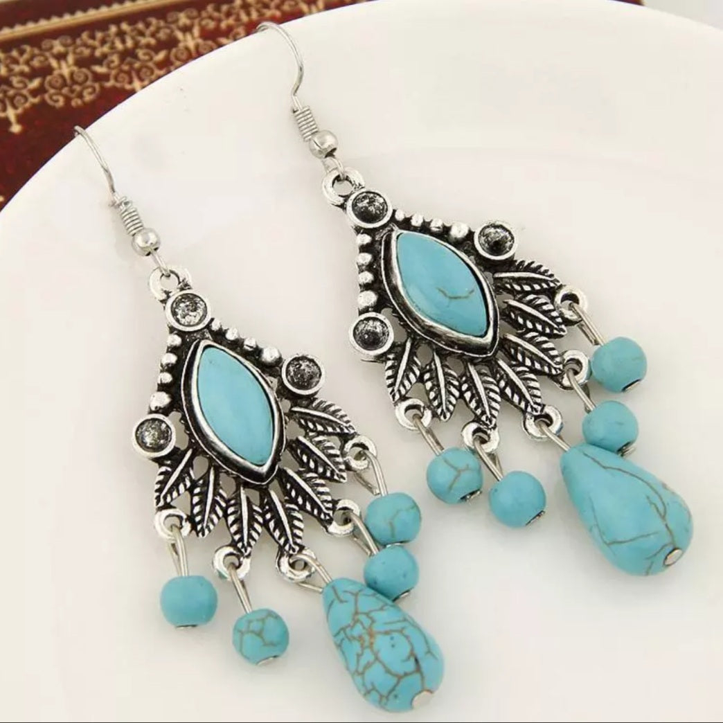 Bohemian Silver Turquoise Tassel Earrings