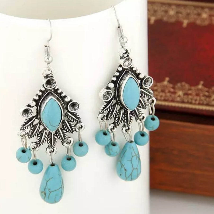 Bohemian Silver Turquoise Tassel Earrings