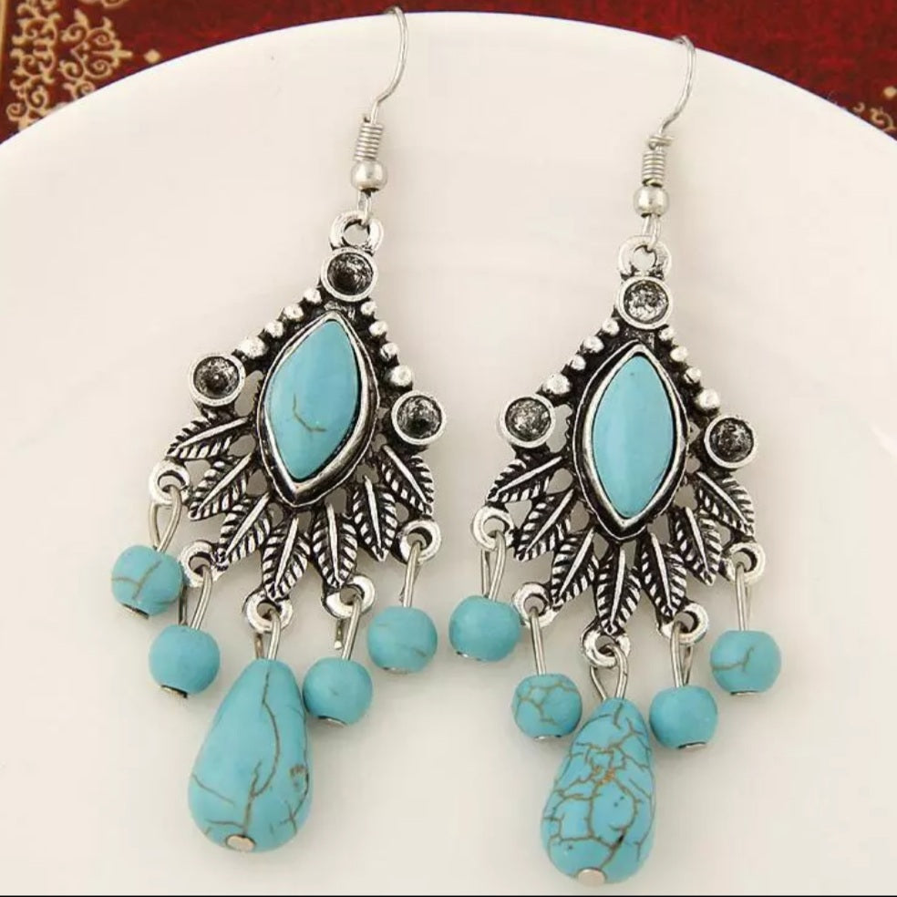 Bohemian Silver Turquoise Tassel Earrings