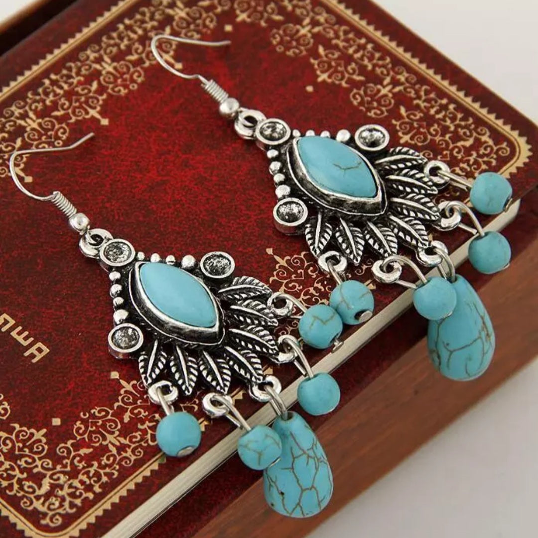 Bohemian Silver Turquoise Tassel Earrings