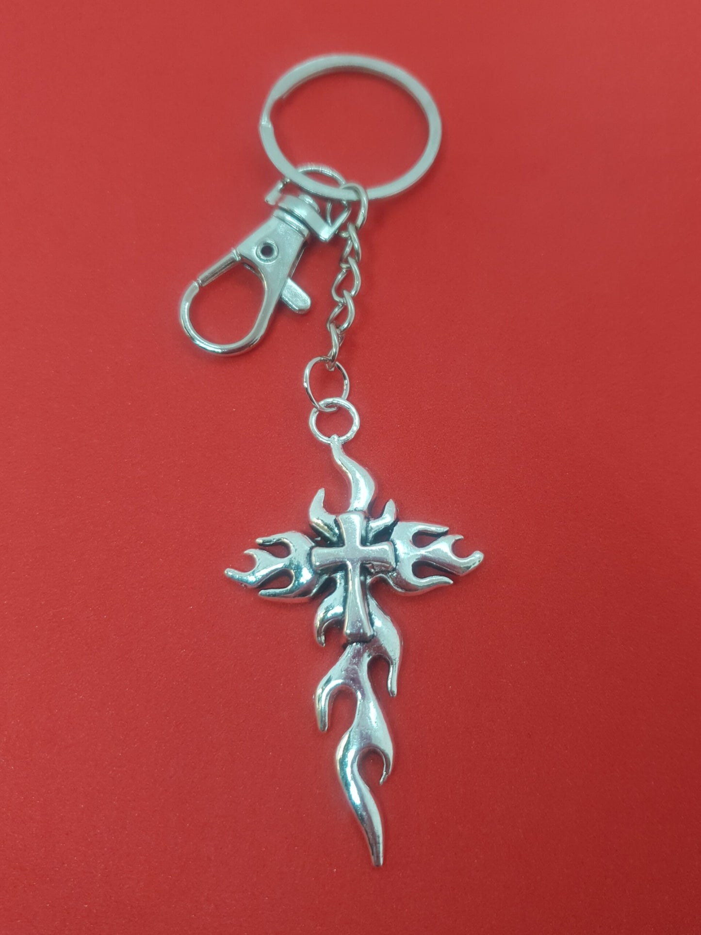 Silver Flaming Cross Keychain