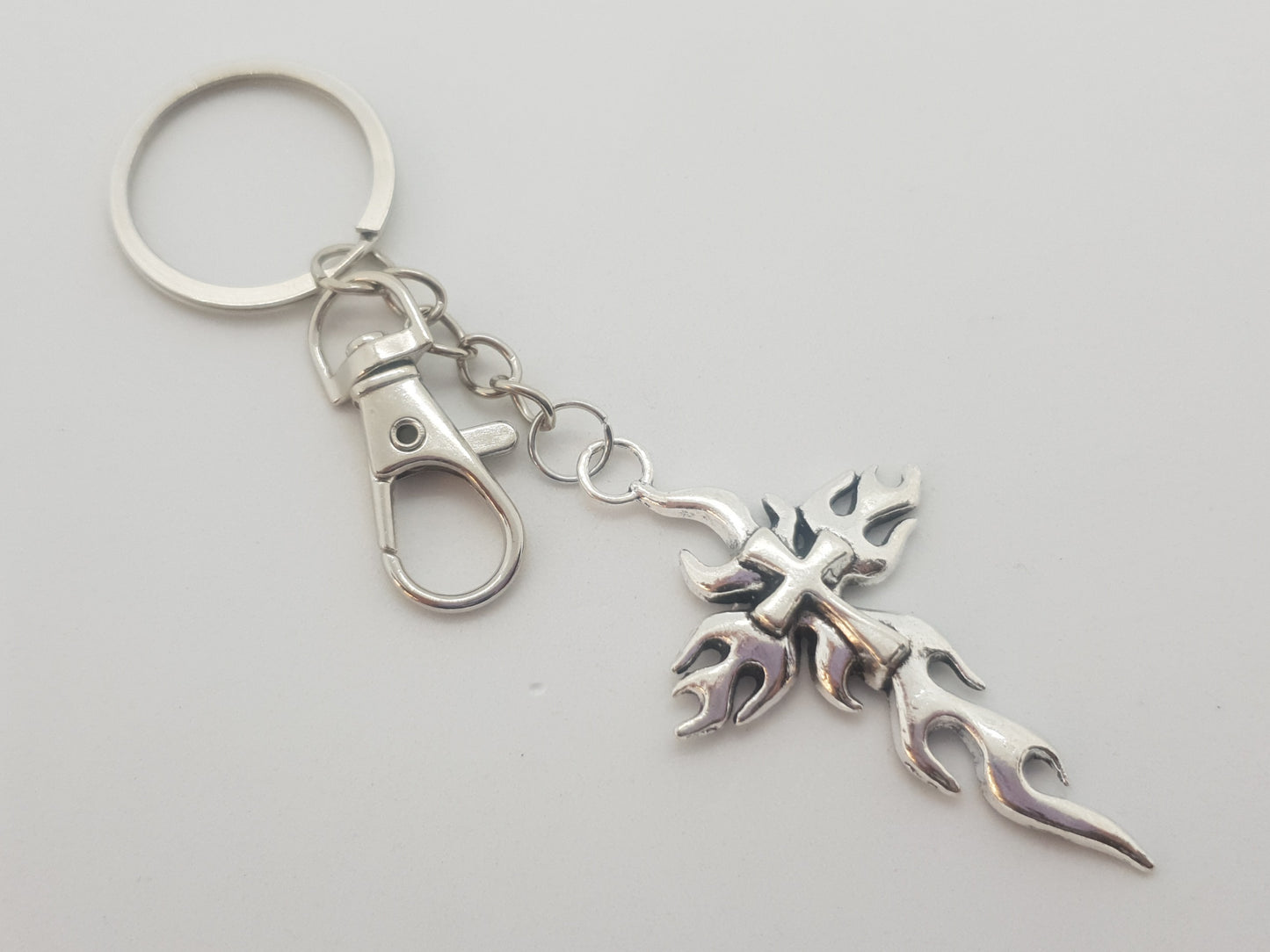 Silver Flaming Cross Keychain