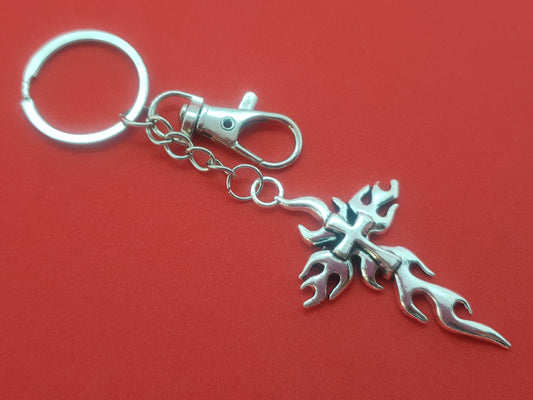 Silver Flaming Cross Keychain